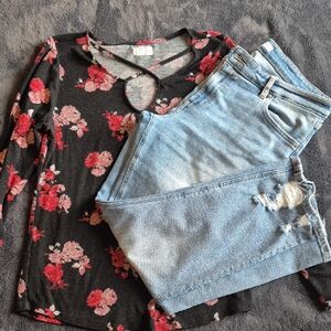 Complete Outfit Floral Black and Red Women's Top And Jeans